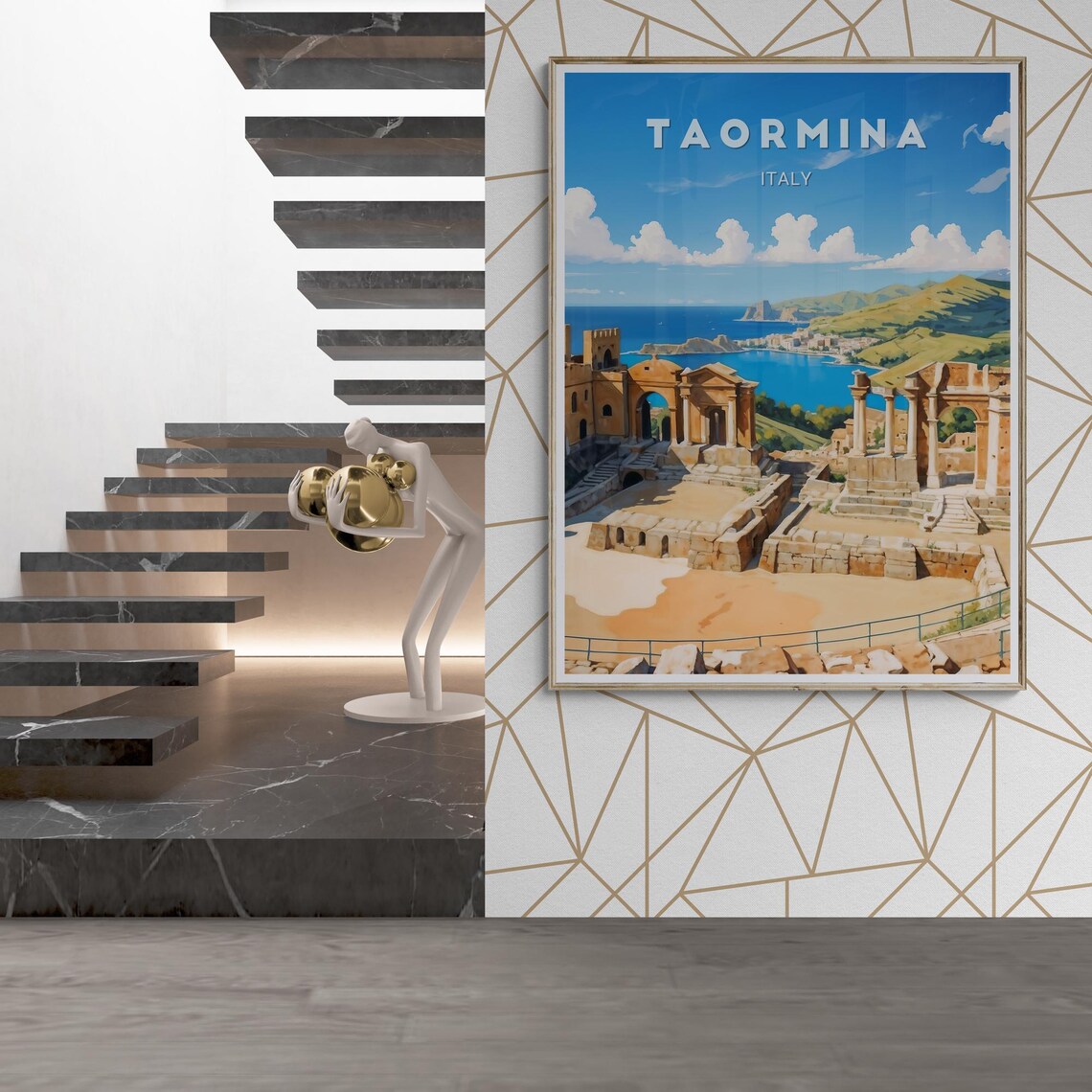 Taormina Ancient Greek Theatre Sea View Italy Vintage Travel Poster
