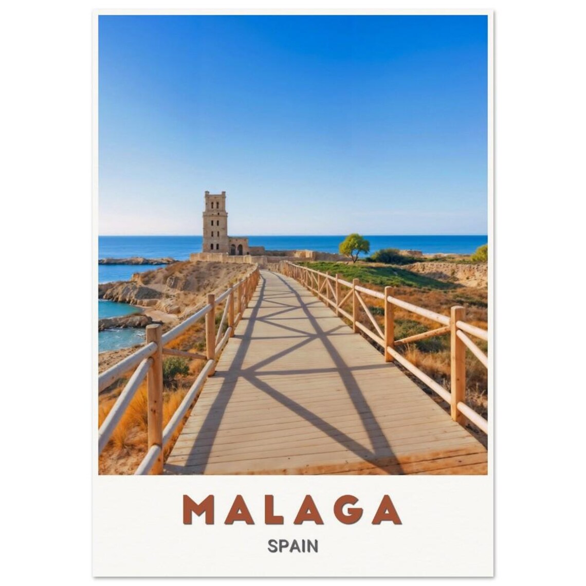 Malaga Spain Coastal Boardwalk Old Stone Tower Sea Travel Poster