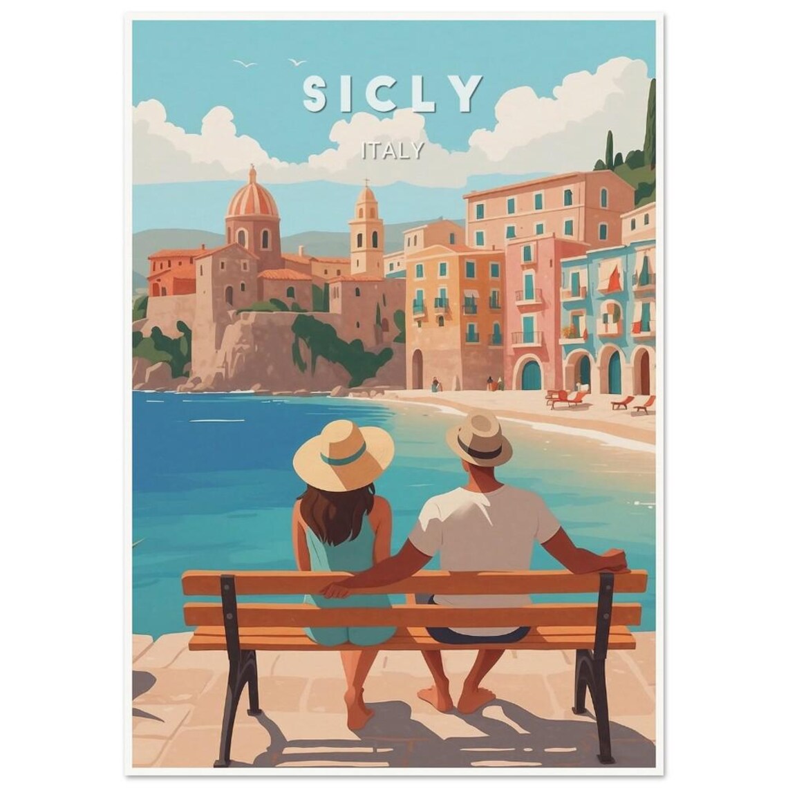 Sicily Italy Couple Bench Coastal Town Retro Sea View Poster