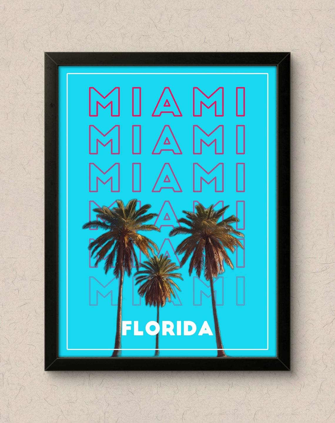 Miami Florida Neon Turquoise Palm Tree Typography Art Poster - Image 3