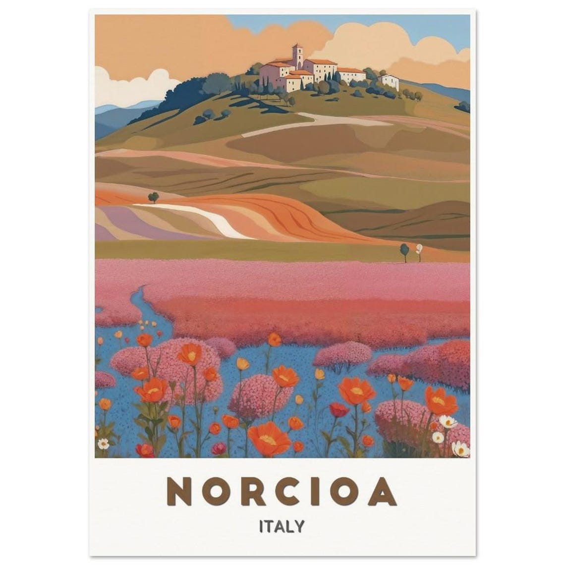 Norcioa Italy Hilltop Village Poppy Wildflower Fields Art Poster