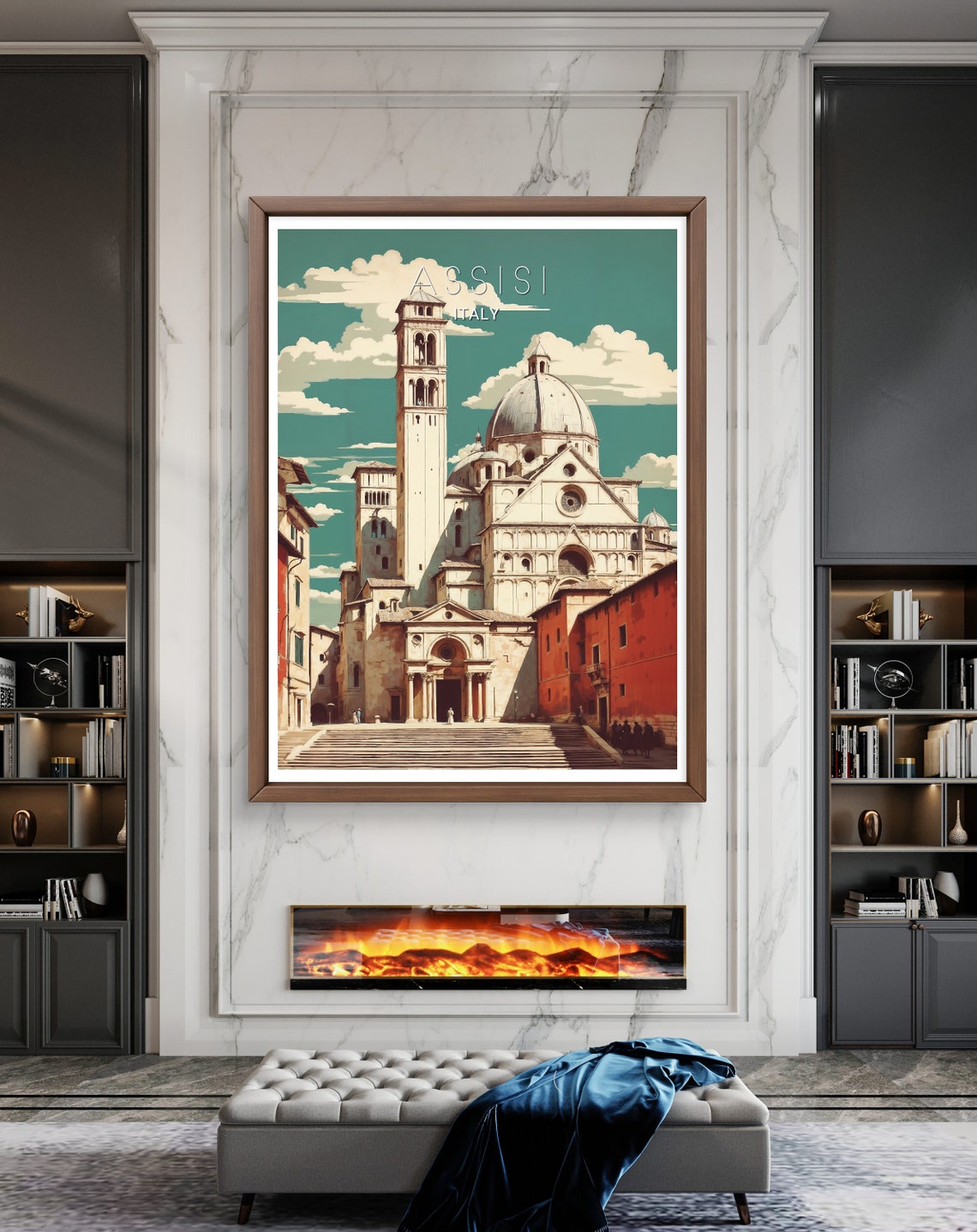 Assisi Italy Historic Basilica Vintage Travel Poster With Clouds - Image 3