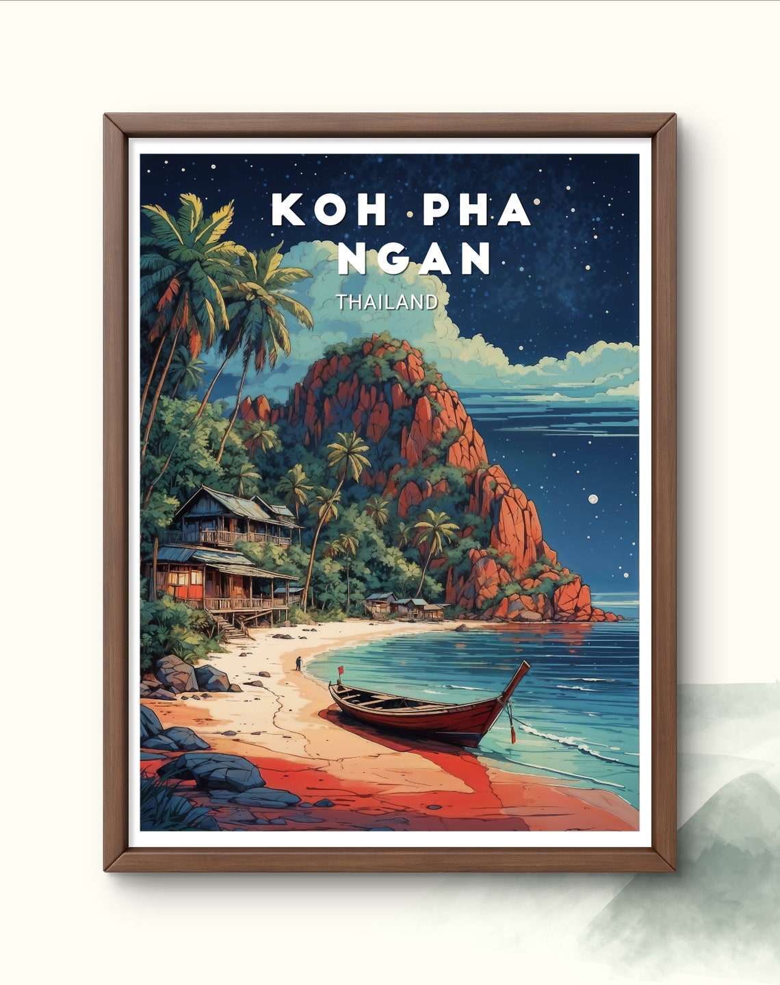 Koh Pha Ngan Night Beach Longtail Boat Palms Thailand Poster
