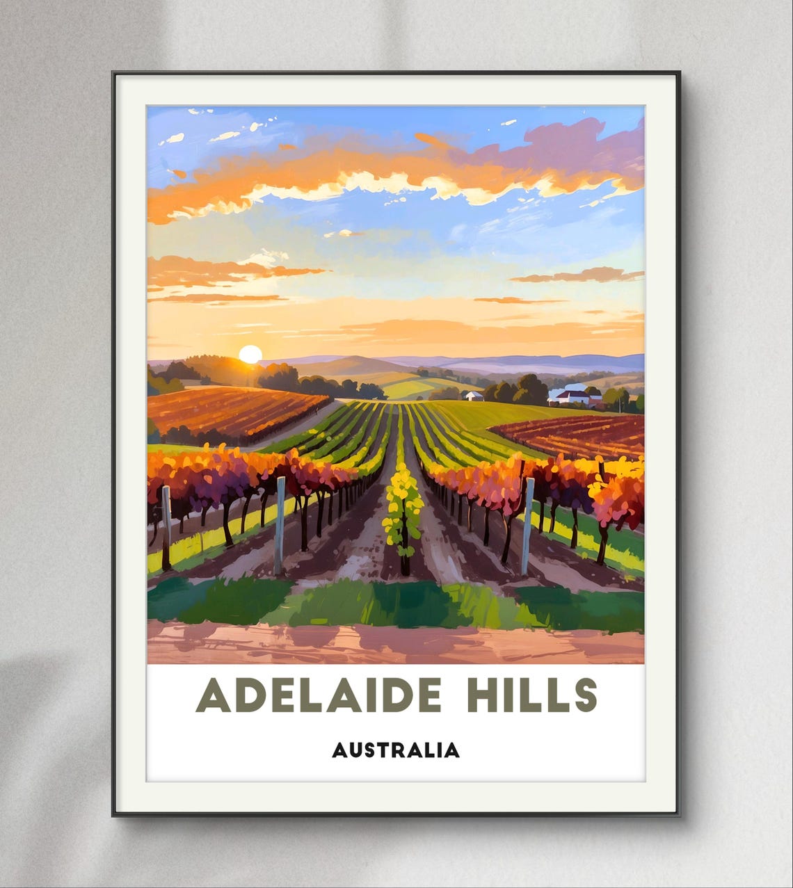 Adelaide Hills Australia Vineyard Rows At Sunset Travel Poster
