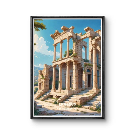 Ephesus Turkey Vintage Poster Ancient Ruins With Columns And Blue Sky Retro Archaeological Wall Art For History Lovers