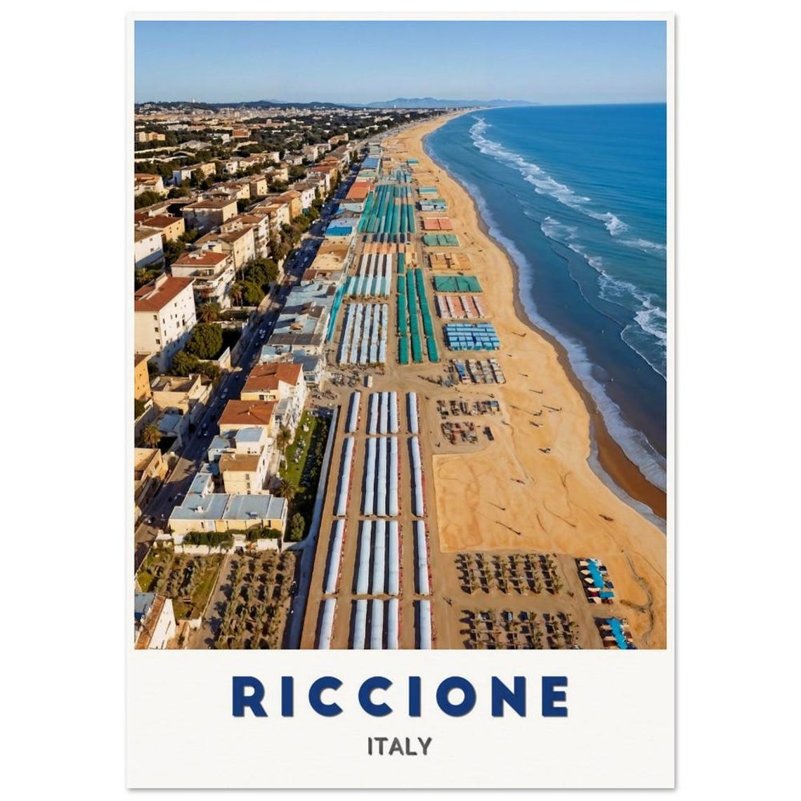 Riccione Italy Beach Aerial Colorful Umbrellas Coastline Travel Poster