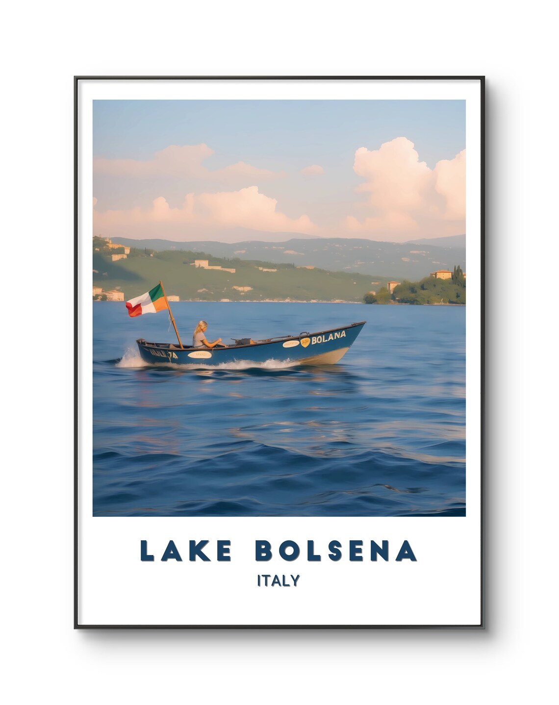 Lake Bolsena Italy Woman Boating Italian Flag Lake Travel Poster