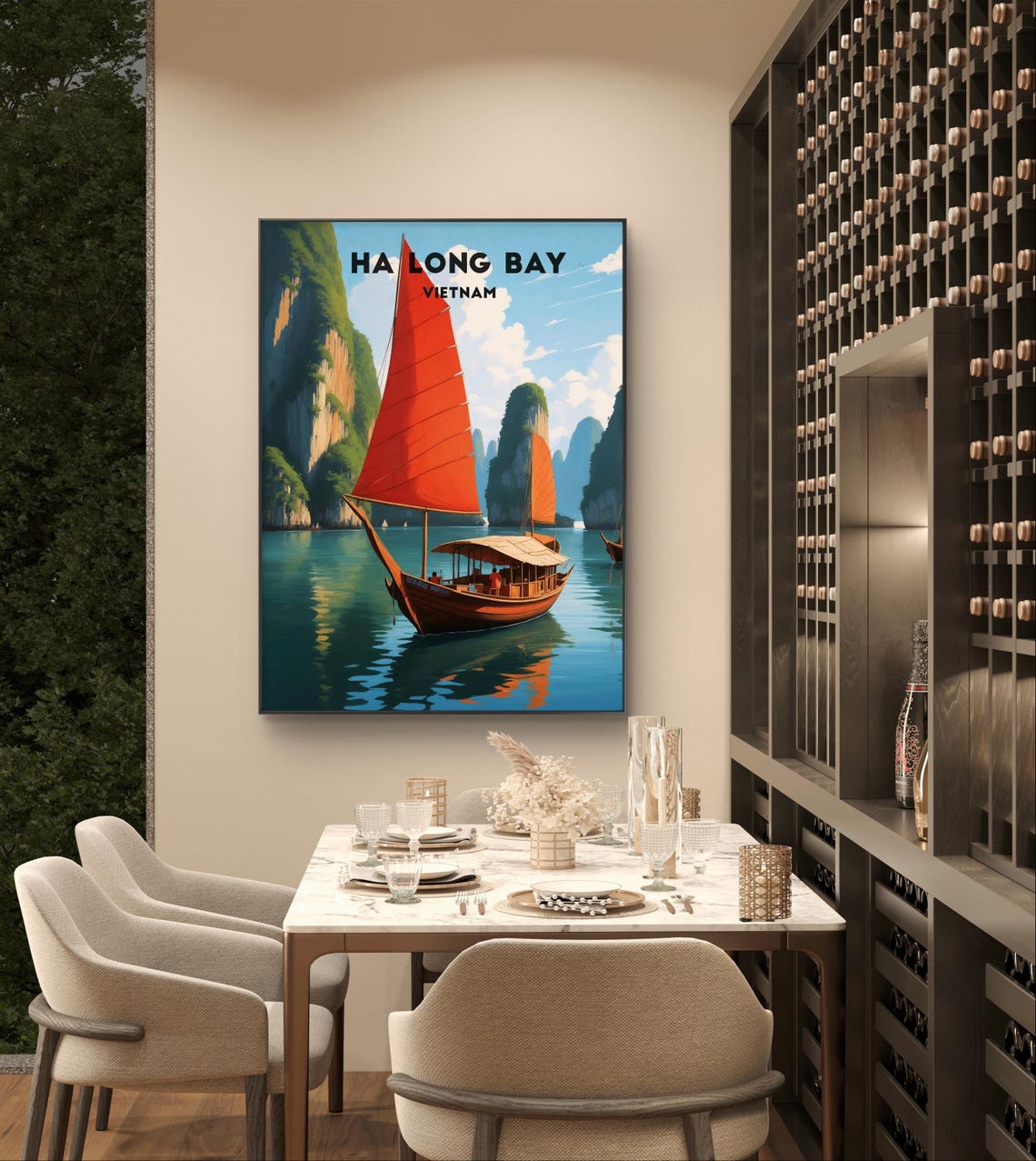 Ha Long Bay Vietnam Limestone Karsts Red Sail Junk Boat Poster