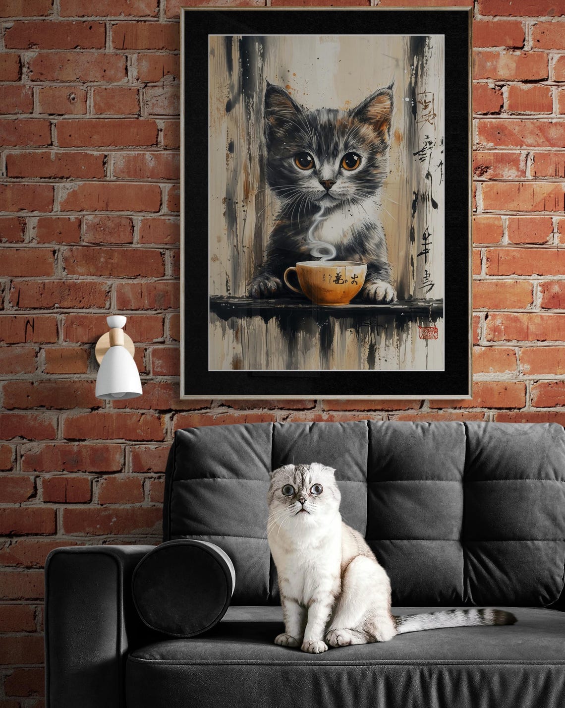 Kitten Drinking Tea Japanese Ink Wash Art Adorable Cat Poster - Image 4