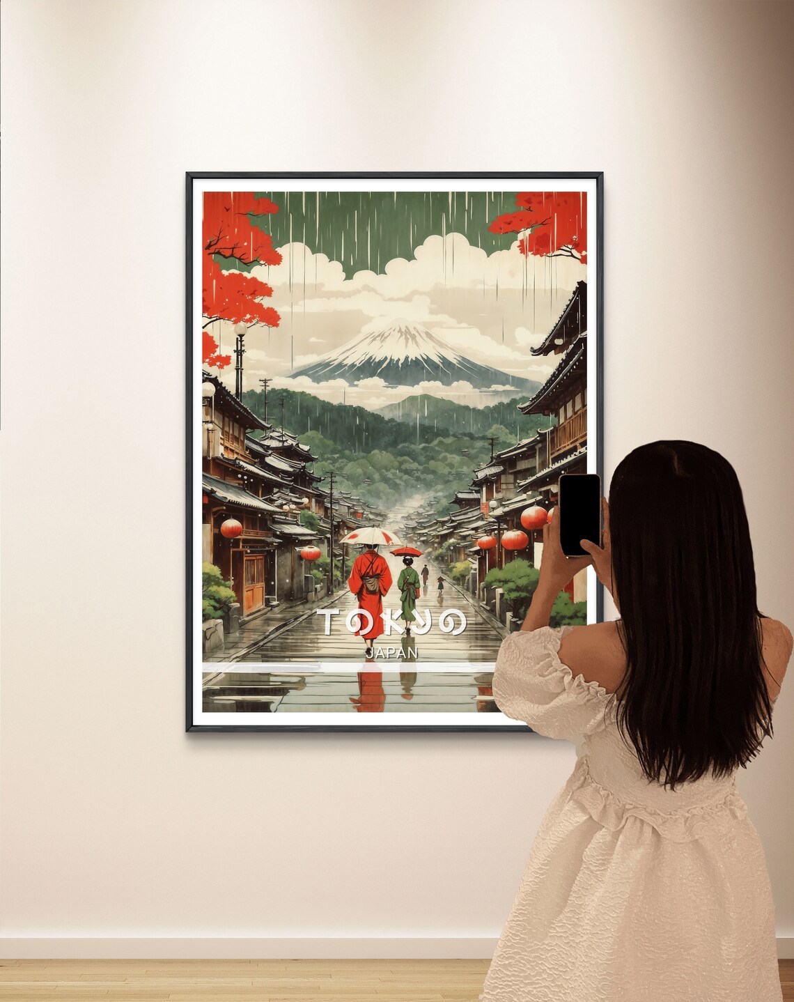 Tokyo Japan Rainy Street Mount Fuji Kimono Lantern Travel Poster - Image 3