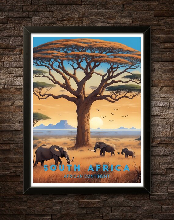 South Africa Poster Majestic African Landscape With Elephants And Baobab Tree Perfect For Nature Lovers And Home Decor