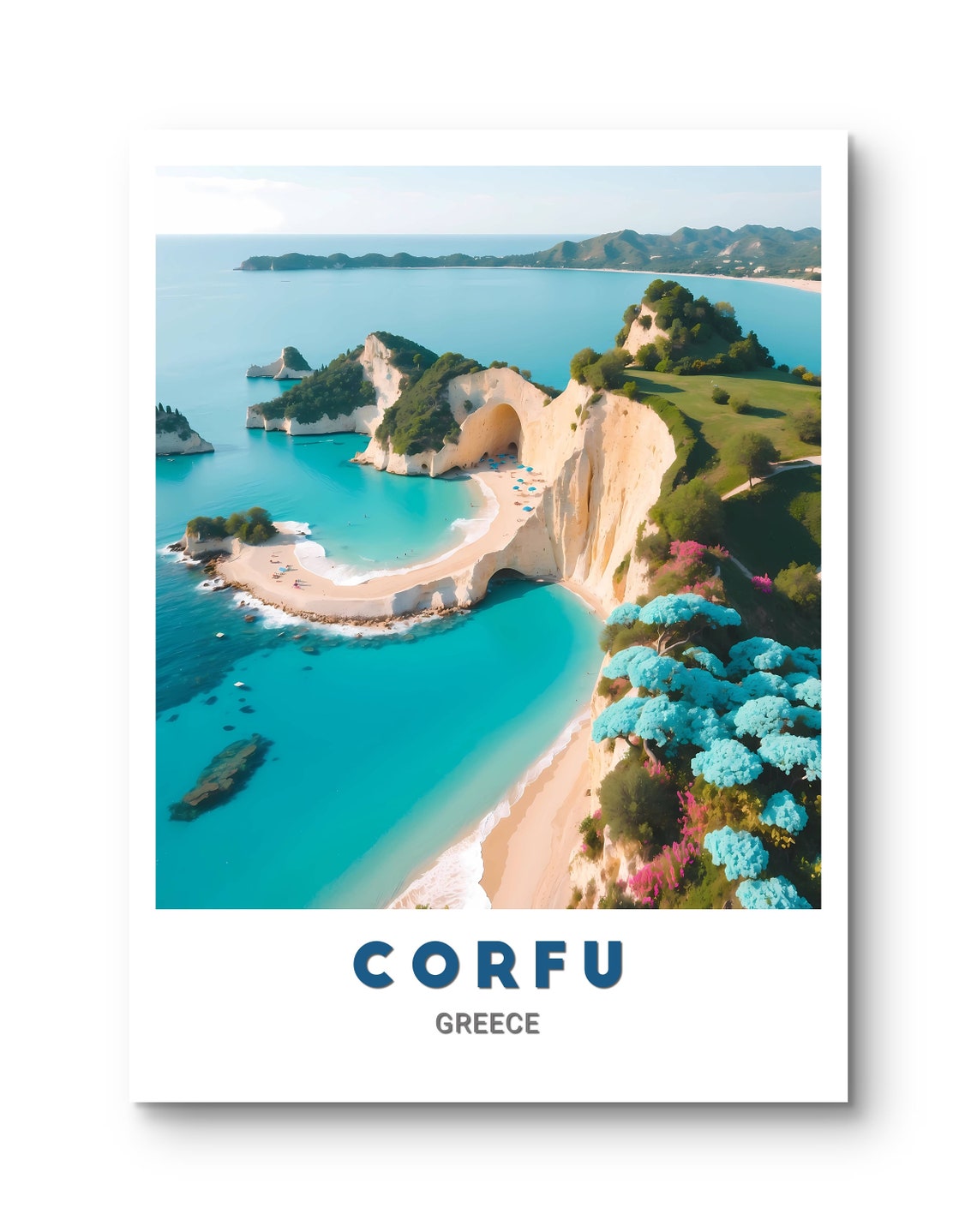 Corfu Sea Arch Hidden Cove Aerial Beach Umbrellas Travel Poster - Image 2