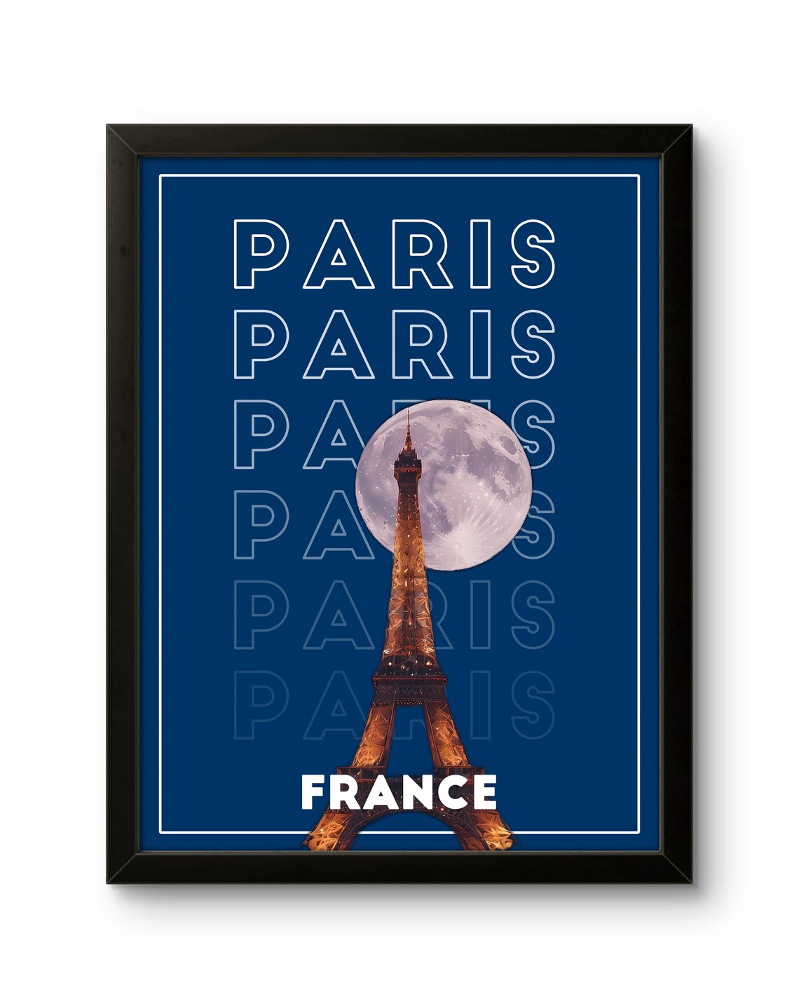 Paris France Eiffel Tower Full Moon Typography Travel Poster