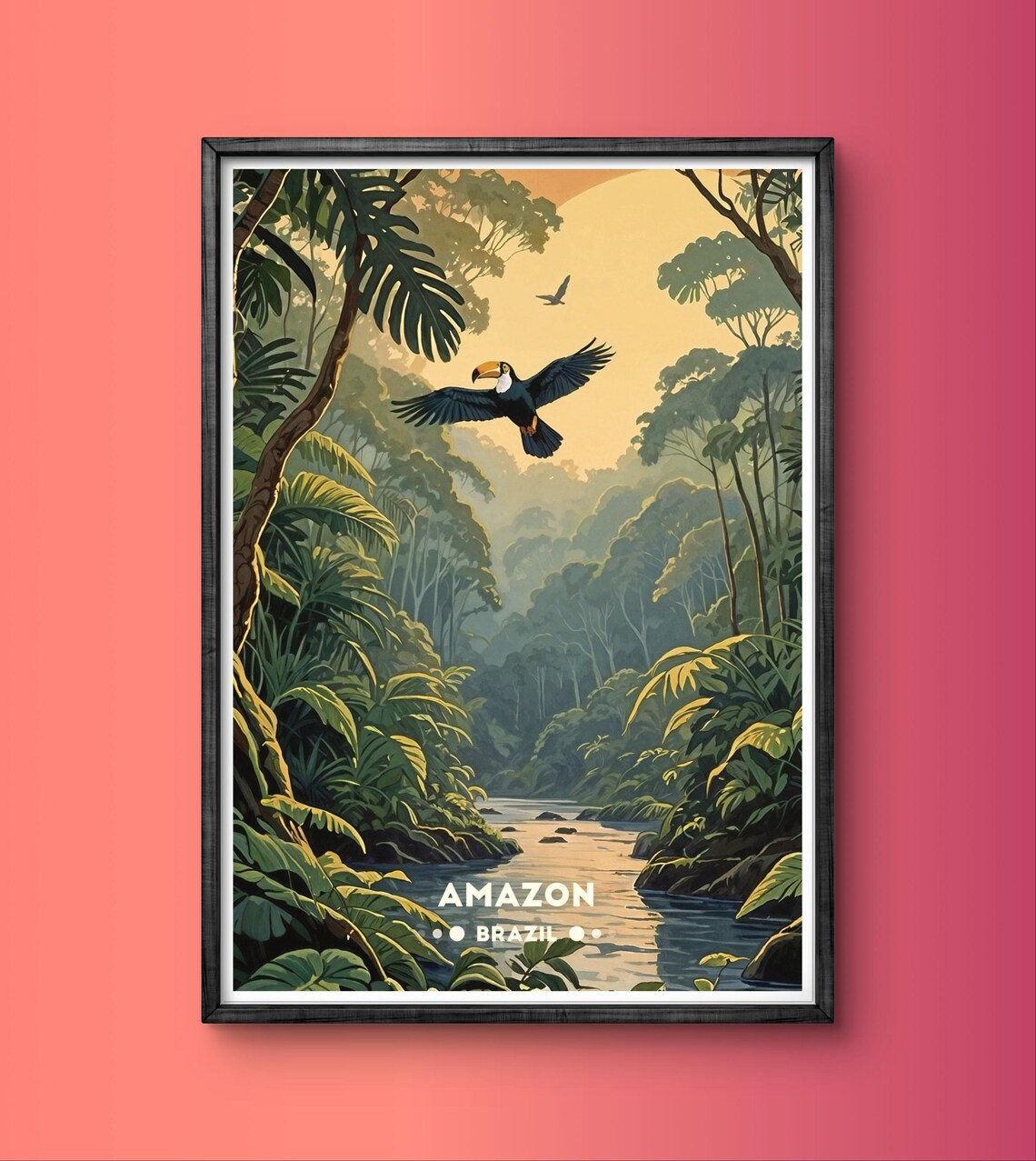 Amazon Brazil Toucan in Flight Over River Jungle Travel Poster - Image 3