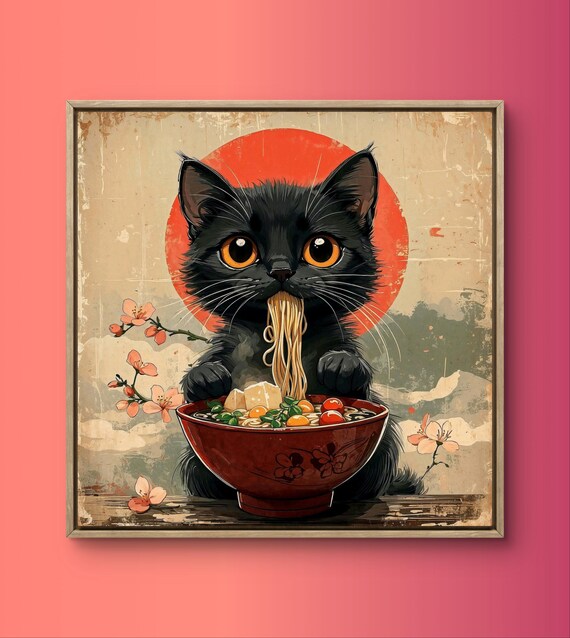 Japanese Black Cat Eating Ramen Bowl Cherry Blossom Cute Animal Poster
