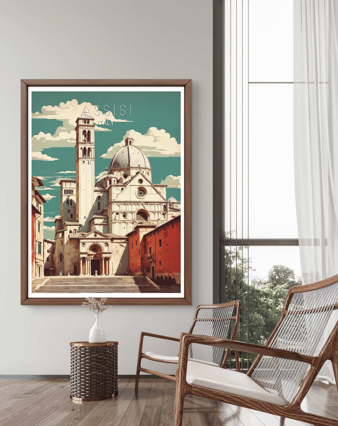 Assisi Italy Historic Basilica Vintage Travel Poster With Clouds
