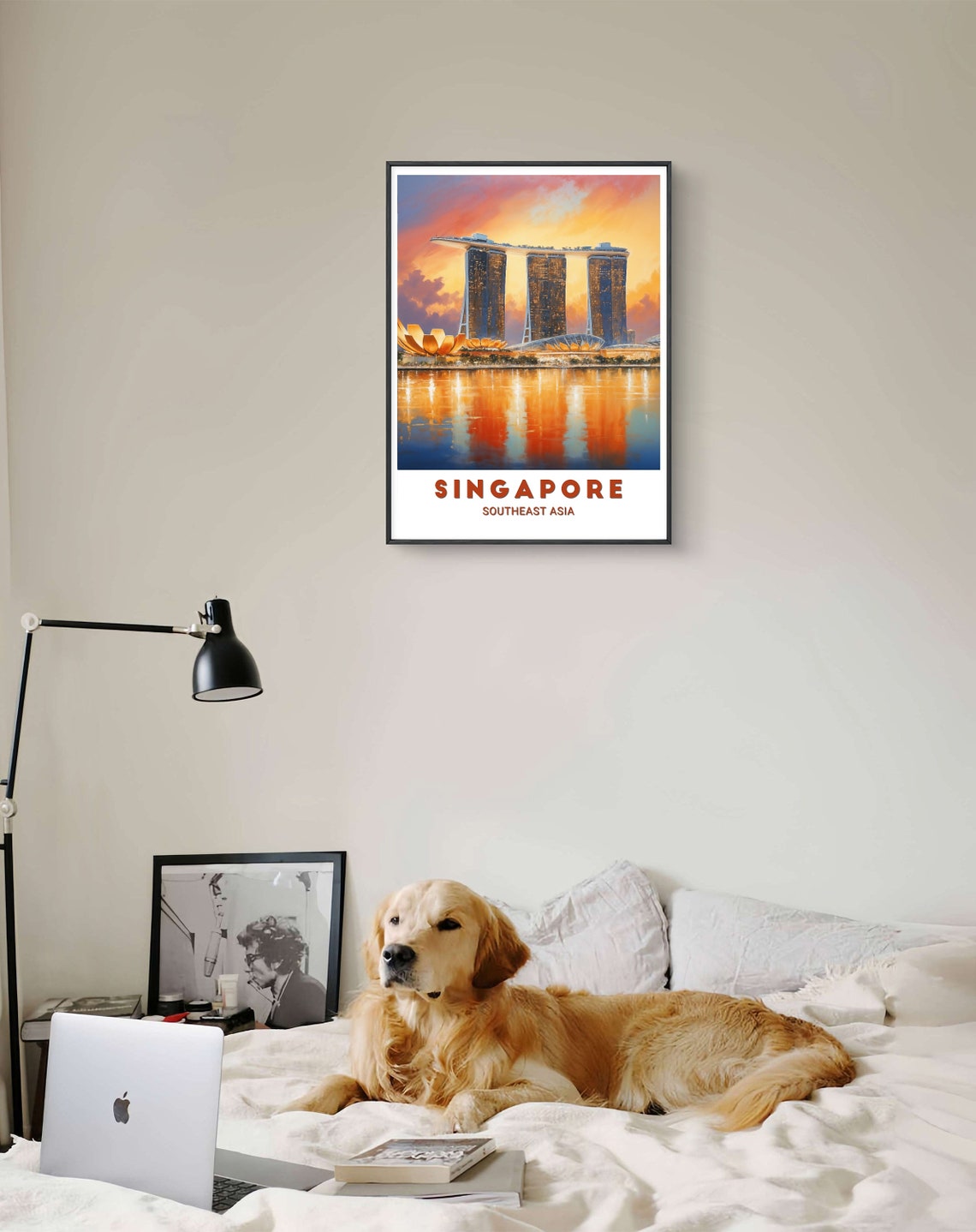 Singapore Marina Bay Sands Sunset Watercolor Skyline View Poster - Image 3