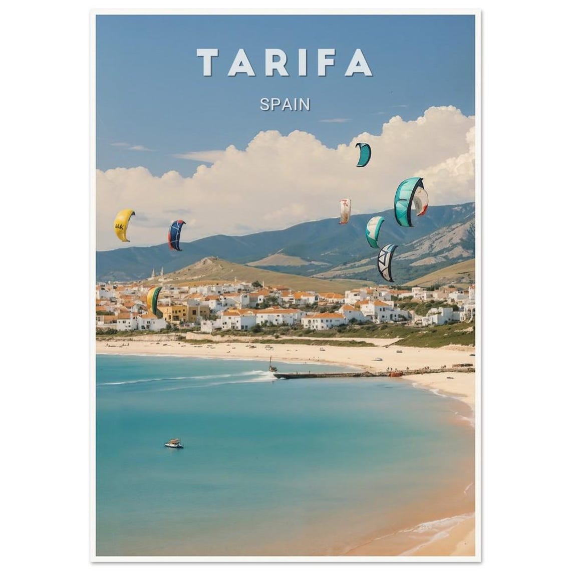 Tarifa Spain Kitesurfing Kites Whitewashed Old Town Bay Poster