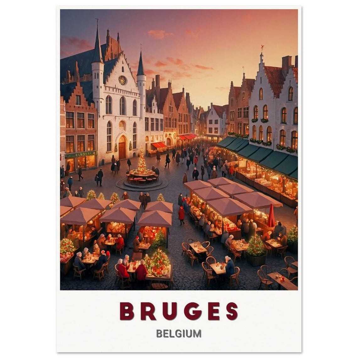 Bruges Belgium Christmas Market Square Sunset Holiday Poster