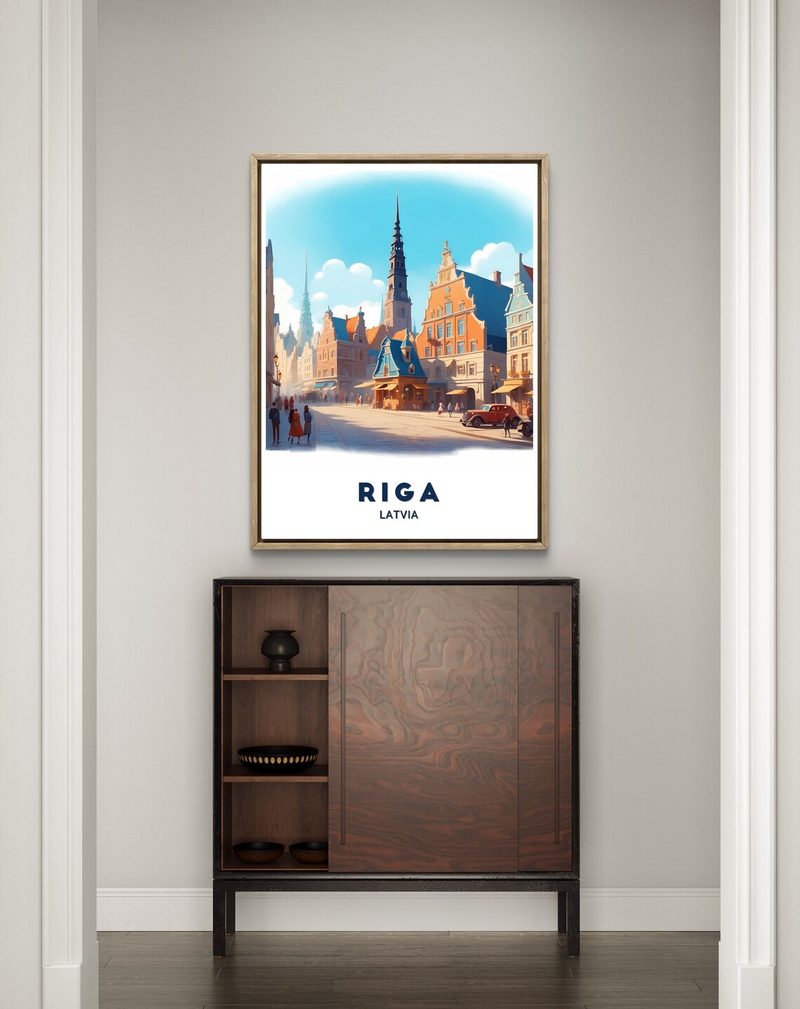 Riga Latvia Charming Old Town Street Vintage Car Sunny Art Poster - Image 3