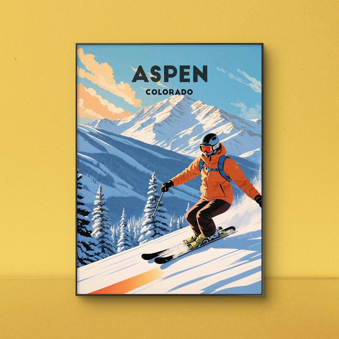 Aspen Colorado Ski Poster With Skier Carving Down Snowy Mountain Slopes - Image 2