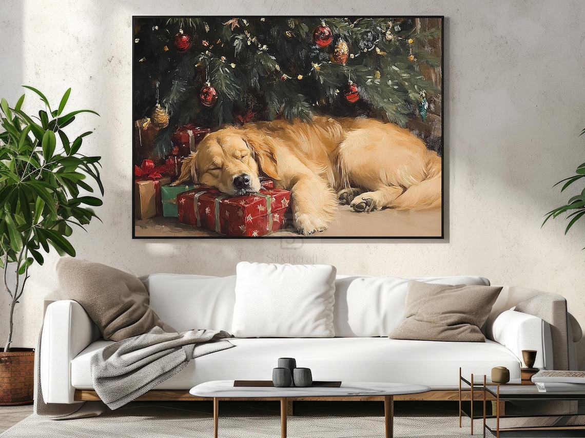 Golden Dog Sleeping Christmas Poster Art Print - Image 4