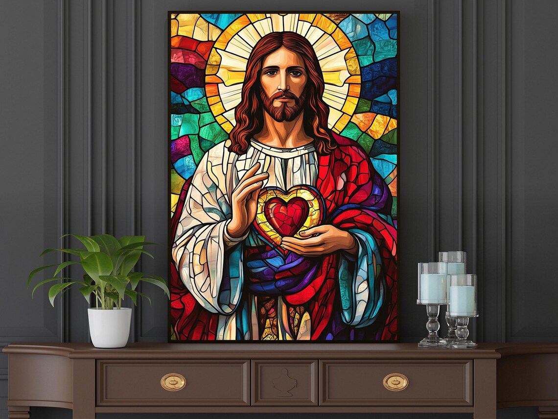Jesus Christ Sacred Heart Stained Glass Style Portrait Religious Wall Art - Image 6