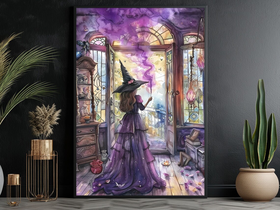 Young Witch in Magic Room Halloween Watercolor Art Print - Image 2