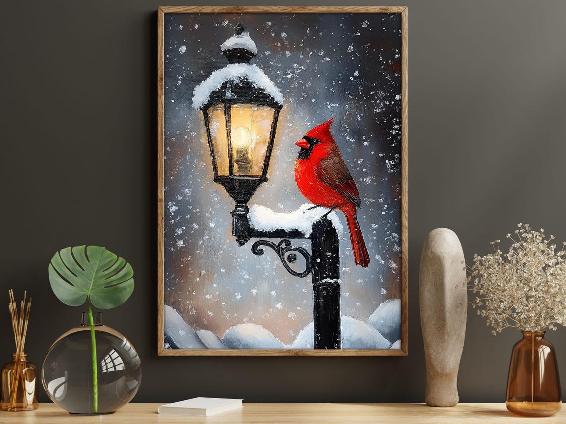 Red Cardinal Perched On Snowy Vintage Lamppost In Falling Snow Poster - Image 4