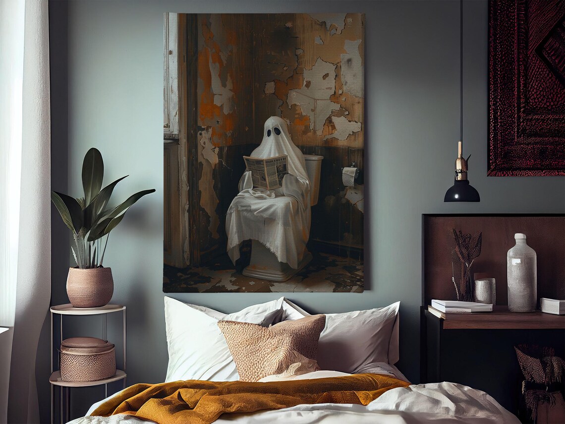Funny Ghost Reading Newspaper on Toilet in Old Bathroom Art Poster - Image 3