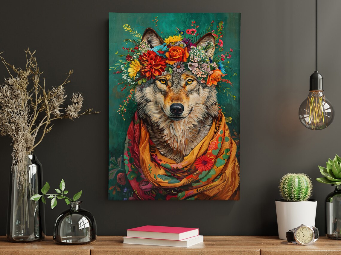 Wolf With Flower Crown Maximalist Floral Scarf Wildlife Portrait Poster - Image 4