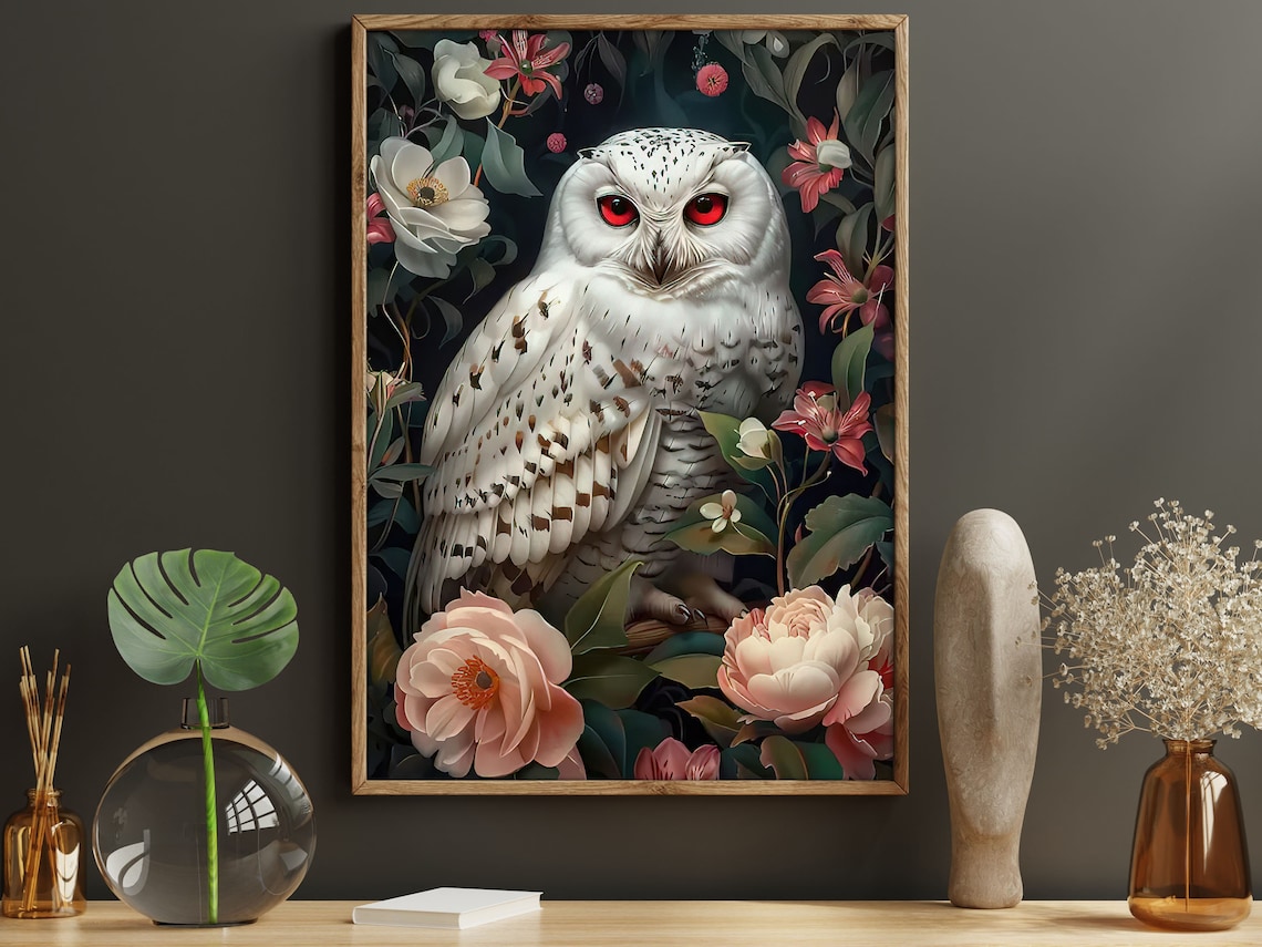 White Owl Red Eyes Gothic Floral Moody Dark Botanical Art Poster - Image 5