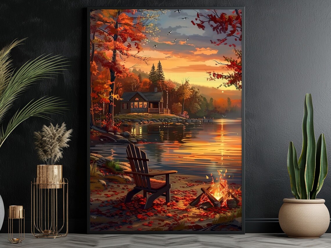 Vintage Sunset Lake Oil Painting Landscape Art Print - Image 3