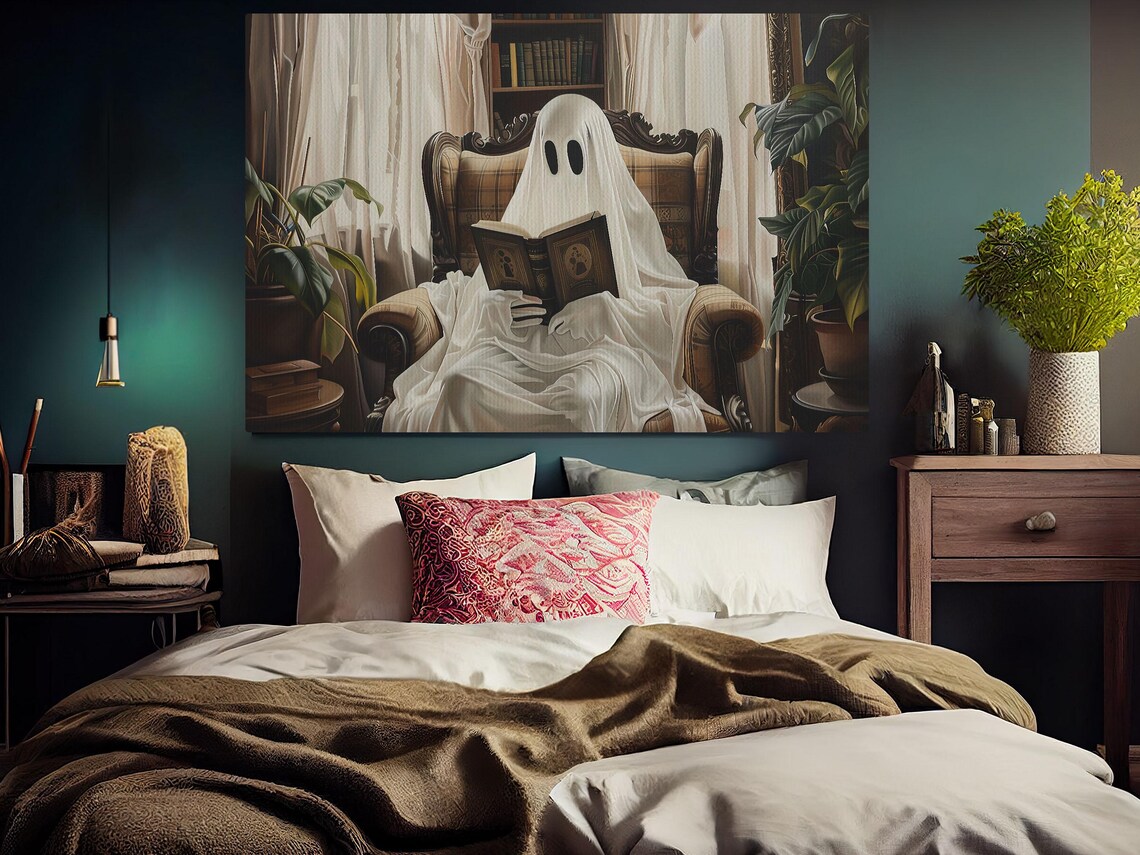 Cozy Vintage Ghost Reading Book in Armchair Library Halloween Art Poster - Image 3