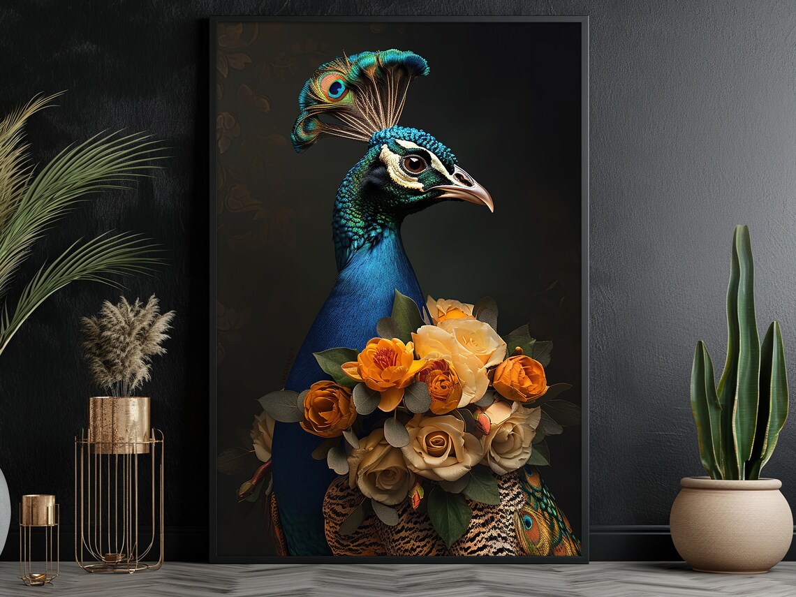 Royal Peacock Portrait With Cream Orange Roses Dark Animal Art Poster - Image 5