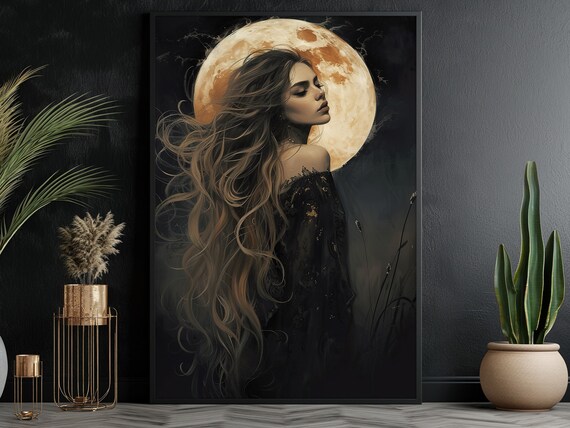Dark Beauty Before Giant Full Moon Night Fantasy Woman Art Poster