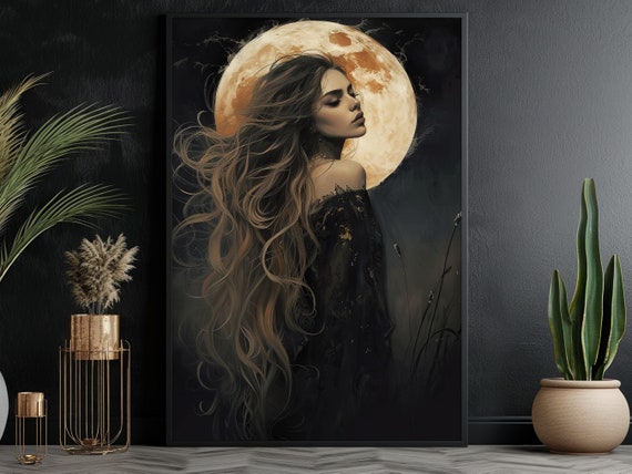 Magical Moon Woman Painting Dark Woman Print Haunting Woman Print Dark Wall Art
