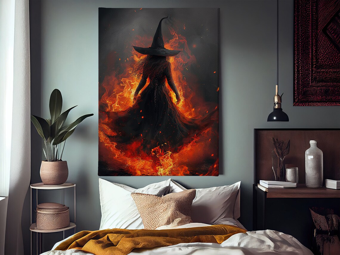Dark Surreal Fire Witch Poster, Halloween Wall Art - Image 3