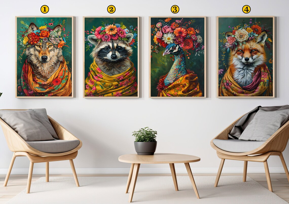 Raccoon Flower Crown Floral Shawl Maximalist Animal Portrait Poster - Image 4