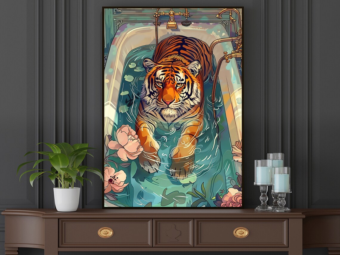 Matisse Tiger On The Bathtub, Tropical Animal Print - Image 4