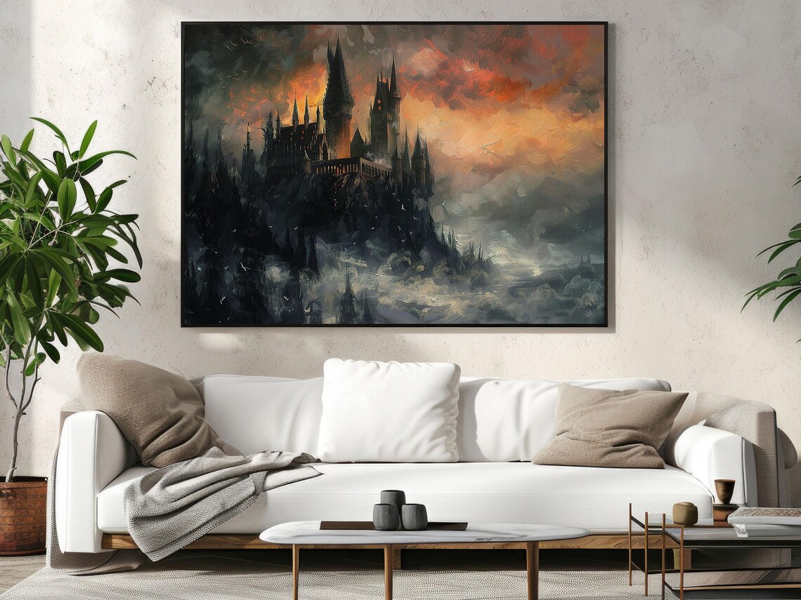 Dark Gothic Castle on Hill Under Fiery Sunset Sky Halloween Art Poster - Image 3
