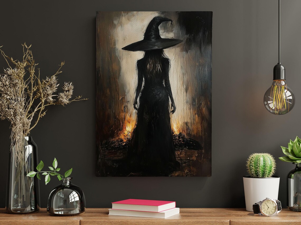 Witch Silhouette Pointed Hat Forest Fire Painterly Dark Halloween Art Poster - Image 3