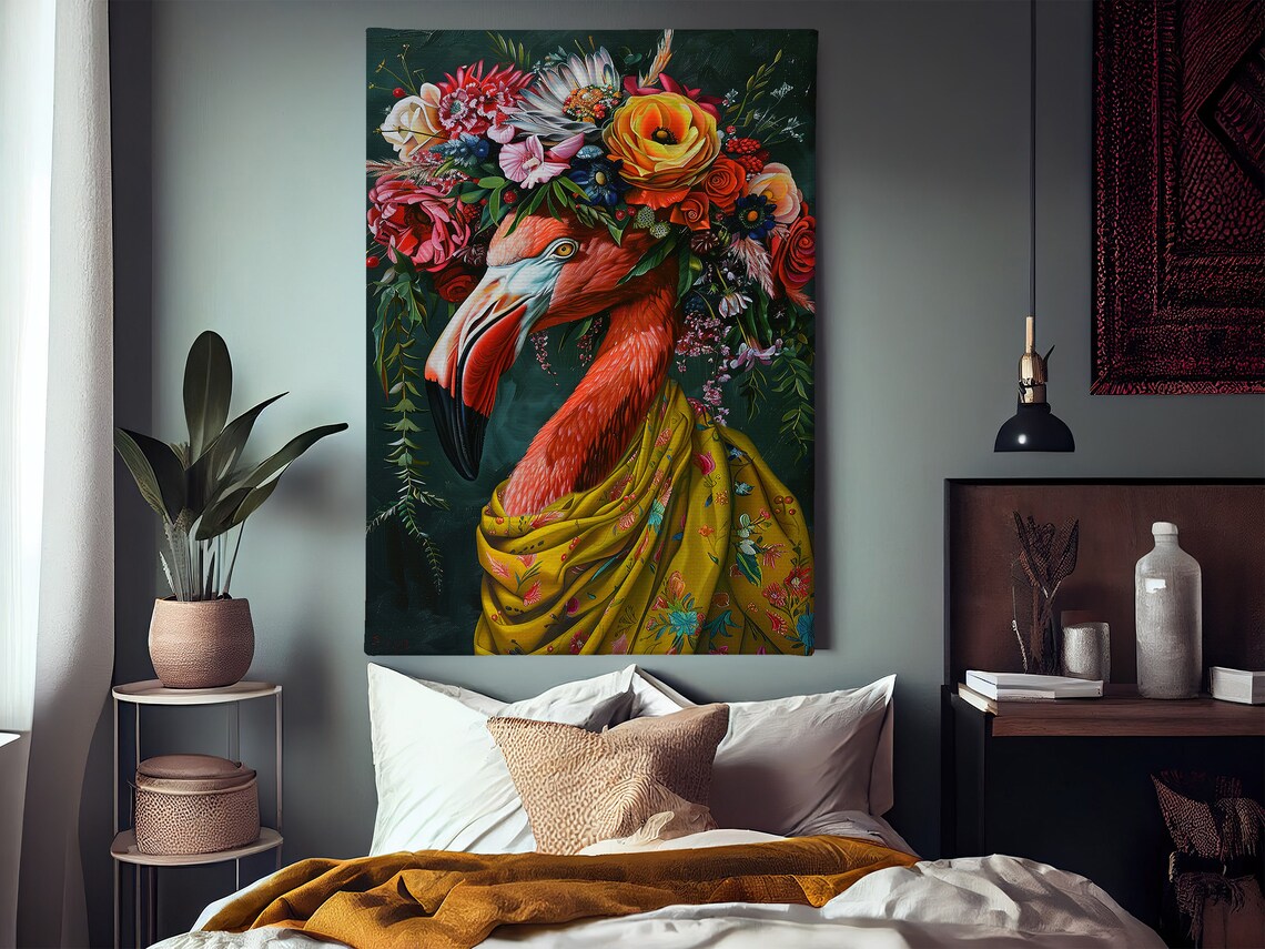 Pink Flamingo Flower Crown Floral Shawl Tropical Bird Art Poster - Image 3