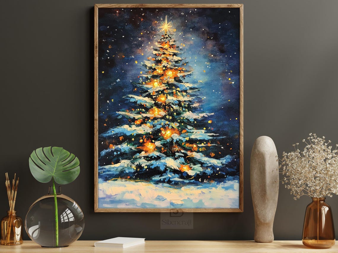 Glowing Christmas Tree With Golden Lights On Starry Snowy Night Poster - Image 5