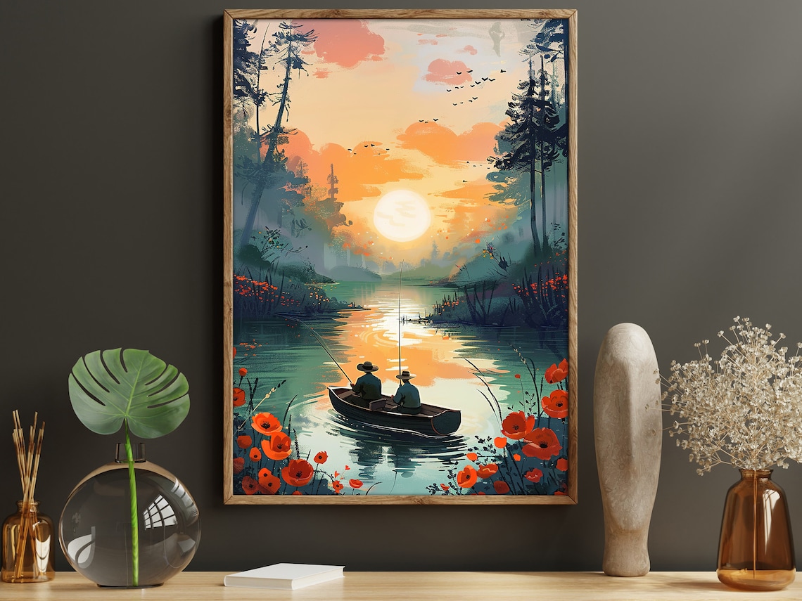 Vintage Men Fishing on the Lake Landscape Art Print