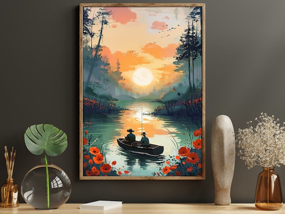 Vintage Men Fishing on the Lake Landscape Art Print