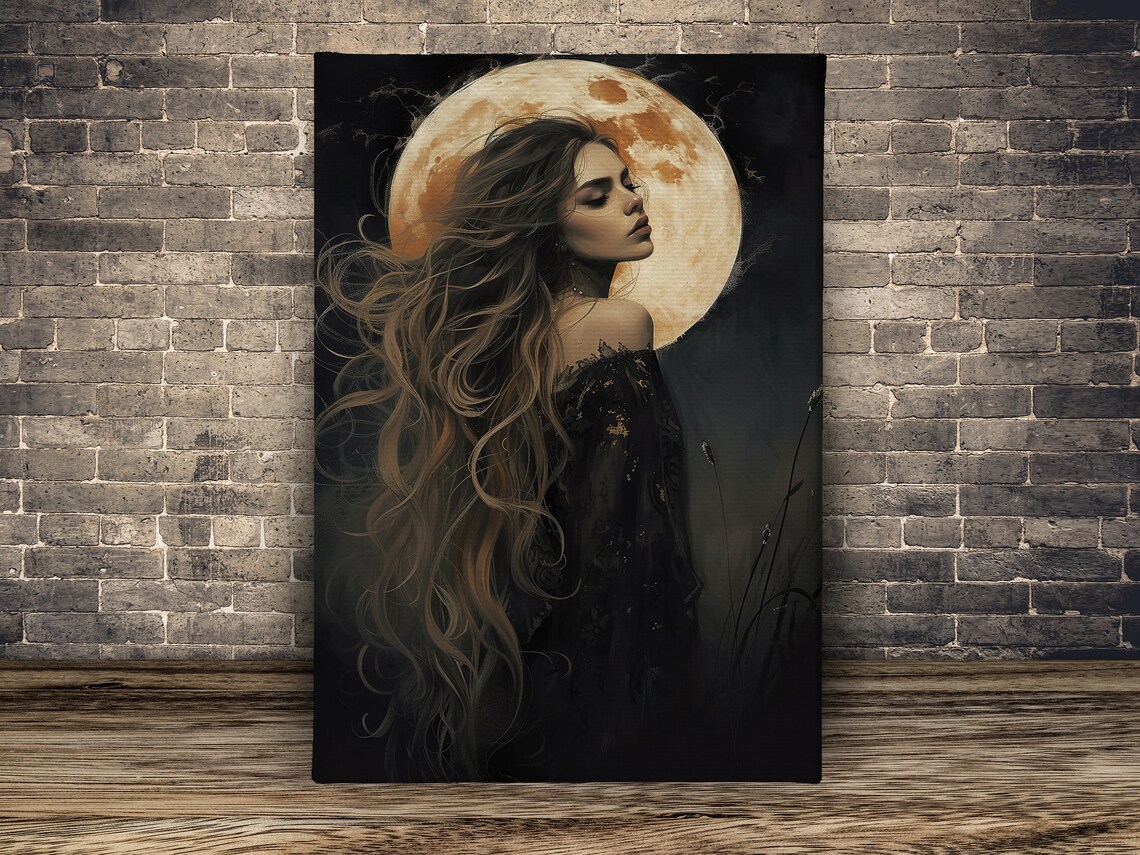 Dark Beauty Before Giant Full Moon Night Fantasy Woman Art Poster - Image 2