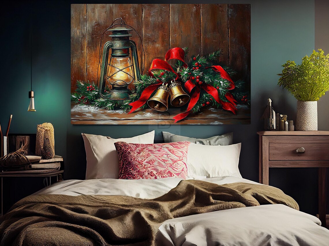 Vintage Oil Lantern With Golden Bells And Red Ribbon Pine Decor Poster - Image 5