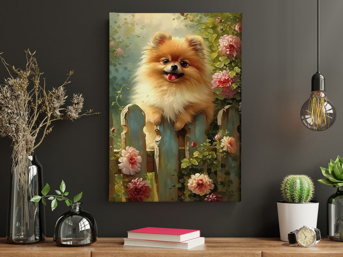 Vintage Cute Dog On The Fence Oil Painting Dog Print Dog Print Flowers Poster Print Pet Wall Art Dog Lovers Gift - Image 4