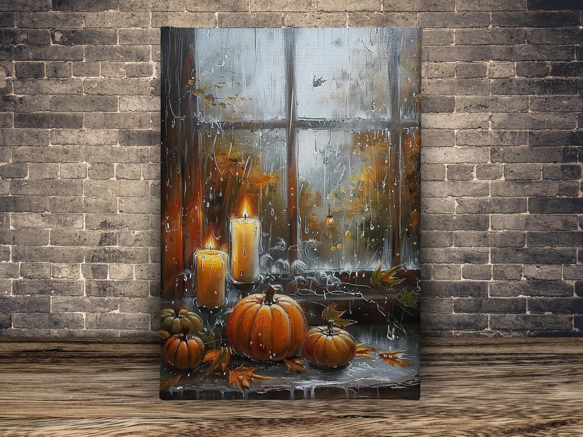Cozy Pumpkins and Lit Candles on Rainy Autumn Window Sill Art Poster - Image 2